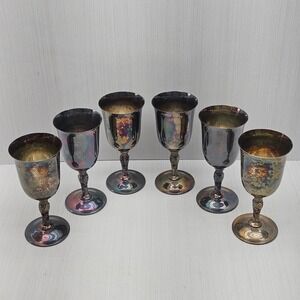 Wm Rogers 395 Silver Plated Wine Goblets Set of 6 Floral Stem Rainbow Patina